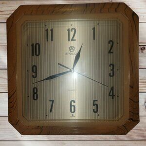 Vintage 1980s - APOLLO Brand - Wall Clock - Wood-Tone Gold Face-Fully Functional